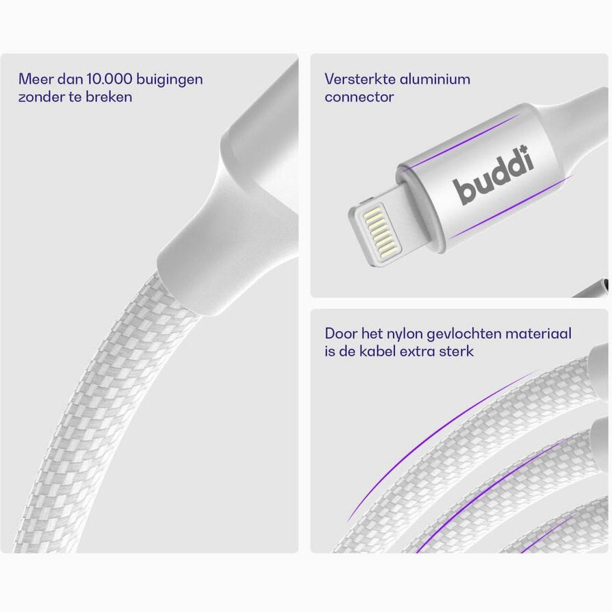 Καλώδιο Buddi Flex Φόρτισης & Μεταφοράς Δεδομένων USB-A σε Lightning 100cm 12W 5 Έτη Εγγύηση - White (8719246497452)