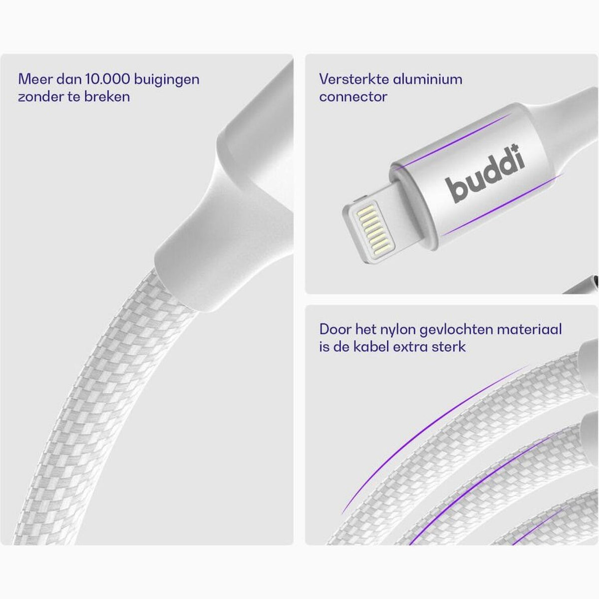 Καλώδιο Buddi Flex Φόρτισης & Μεταφοράς Δεδομένων USB-A σε Lightning 200cm 12W 5 Έτη Εγγύηση - White (8719246497469)