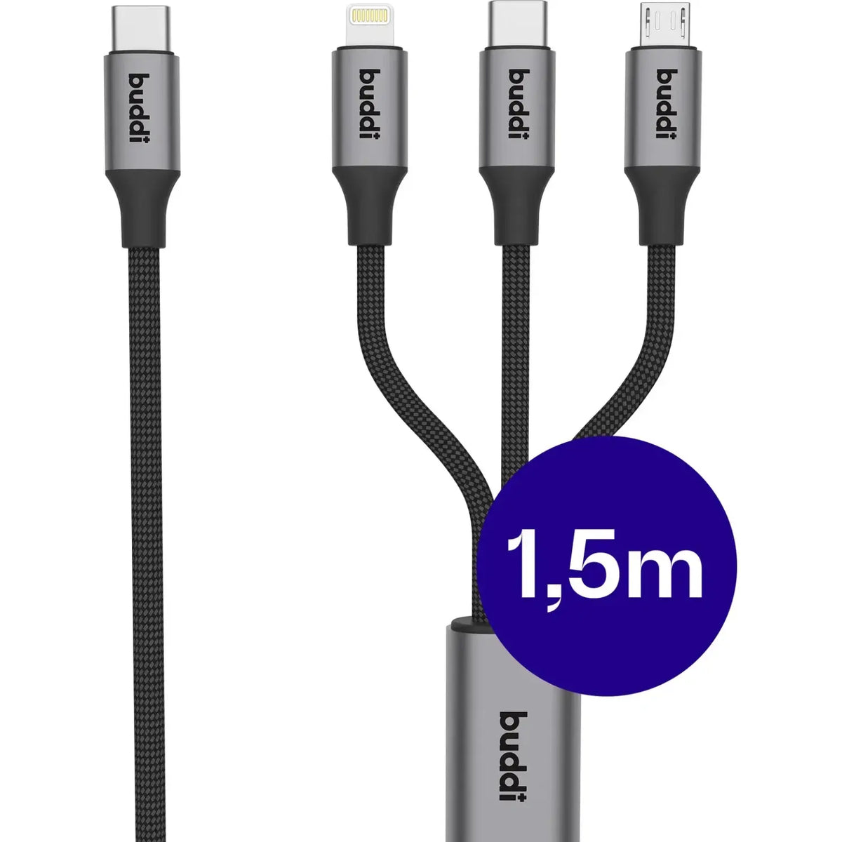 Καλώδιο Type-C Buddi Flex 3 in 1 Φόρτισης & Μεταφοράς Δεδομένων σε Type-C 60W / Lightning 10W / MicroUSB 10W 150cm - Black (8