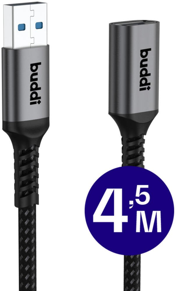Καλώδιο Buddi Flex Extension Cable Επέκτασης USB-A (Male) σε USB-A (Female) 15W 450cm 5 Έτη Εγγύηση - Black (8719246459542)