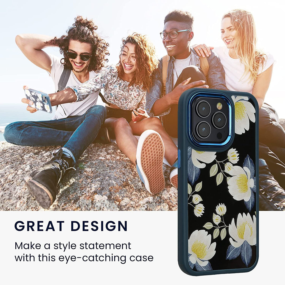 KWmobile Crystal Hard Case - Σκληρή Διάφανη Θήκη με TPU Bumper - Apple iPhone 14 Pro - White Blossoms / Yellow / Dark Blue / 
