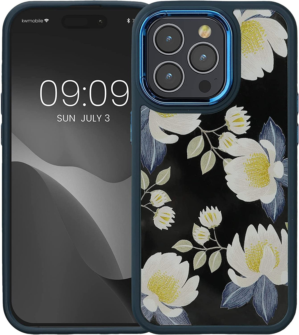 KWmobile Crystal Hard Case - Σκληρή Διάφανη Θήκη με TPU Bumper - Apple iPhone 14 Pro - White Blossoms / Yellow / Dark Blue / 