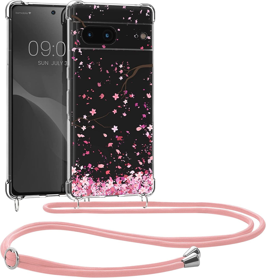 KWmobile Διάφανη Θήκη Σιλικόνης με Λουράκι Λαιμού - Google Pixel 7 - Cherry Blossoms Pink Petals / Dark Brown / Transparent (