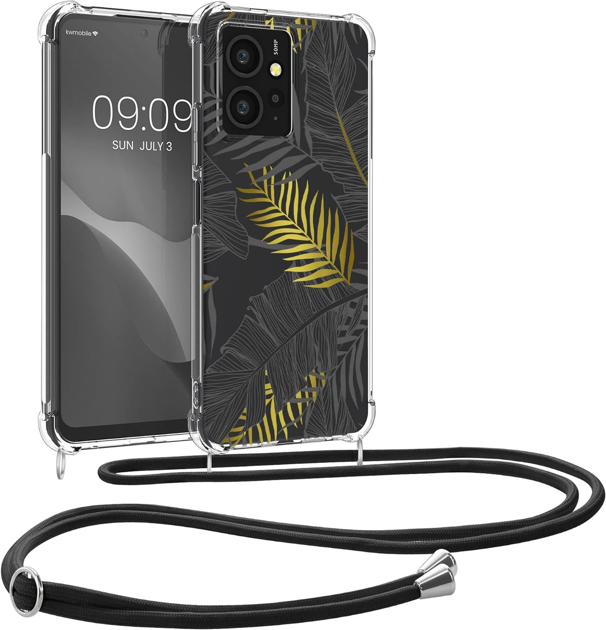KWmobile Διάφανη Θήκη Σιλικόνης με Λουράκι Λαιμού - Xiaomi Redmi Note 12 4G - Palm Leaves / Yellow / Grey / Transparent (6117
