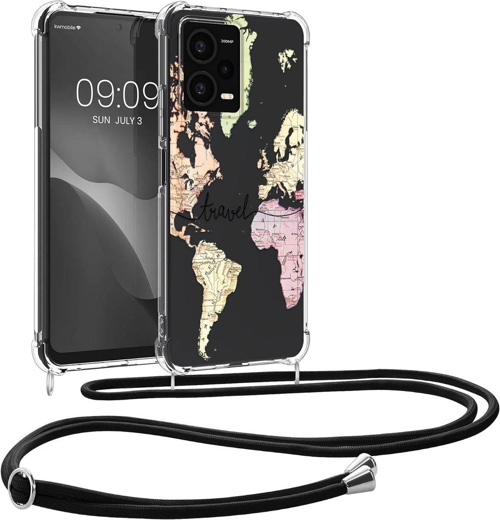 KWmobile Διάφανη Θήκη Σιλικόνης με Λουράκι Λαιμού - Xiaomi Redmi Note 12 Pro Plus - Travel / Black / Multicolor / Transparent