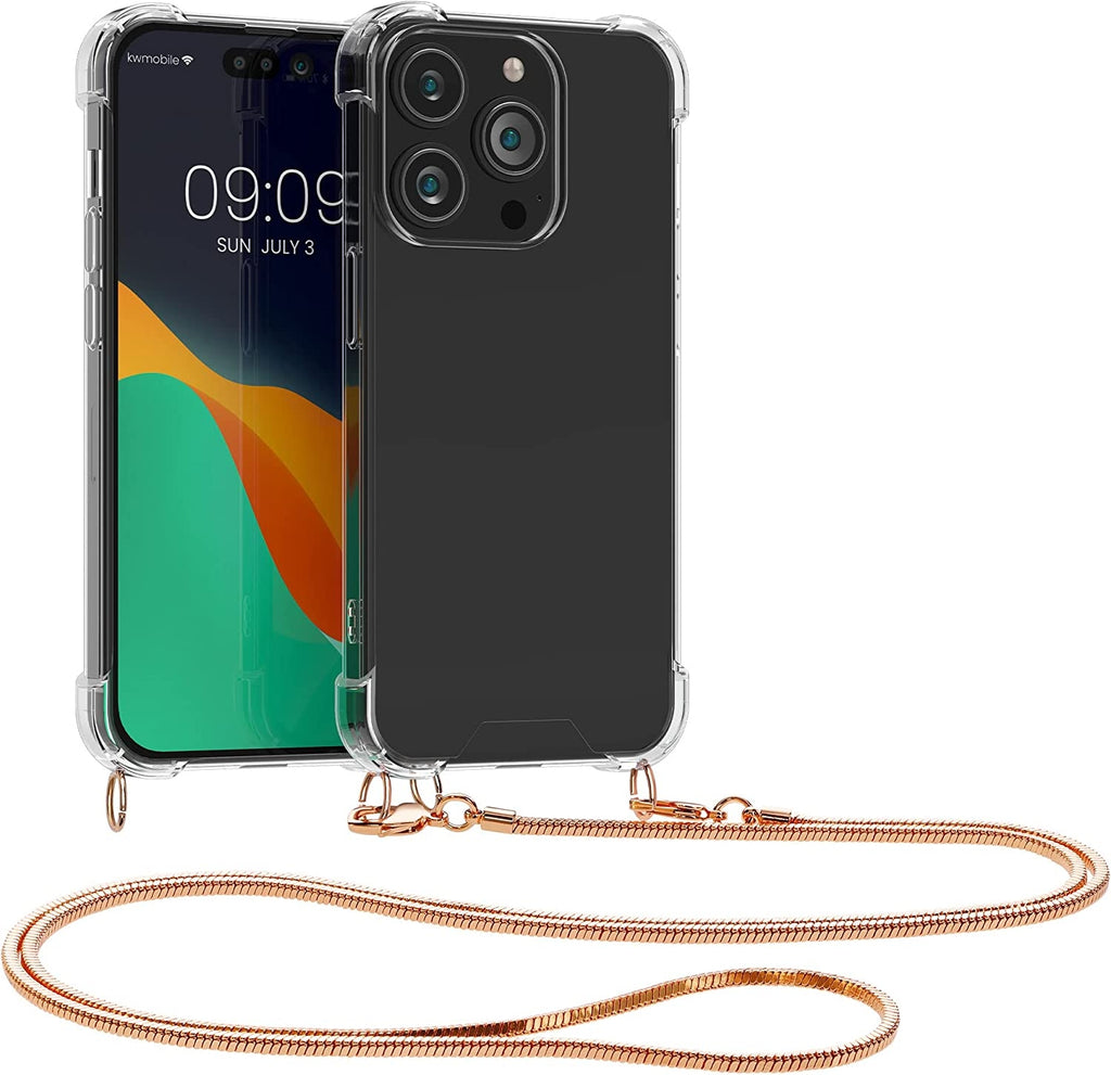 KWmobile Διάφανη Θήκη Σιλικόνης με Μεταλλικό Λουράκι Λαιμού Apple iPhone 14 Pro - Transparent / Rose Gold (59104.81)