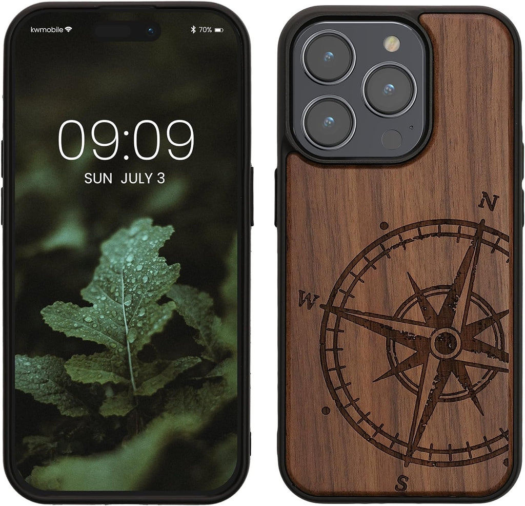 KWmobile Σκληρή Ξύλινη Θήκη με TPU Bumper - Apple iPhone 15 Pro - Walnut / Navigational Compass (62013.01)
