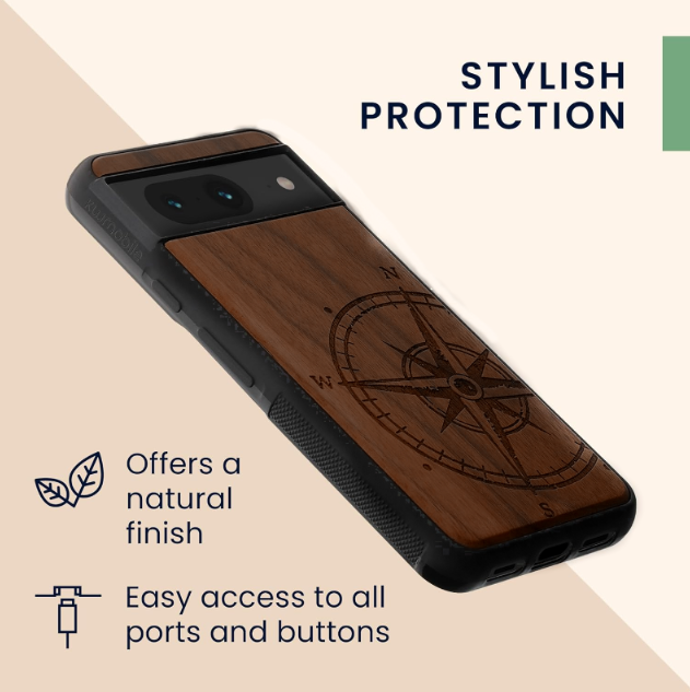 KWmobile Σκληρή Ξύλινη Θήκη με TPU Bumper - Google Pixel 8 - Walnut / Navigational Compass (61875.02)