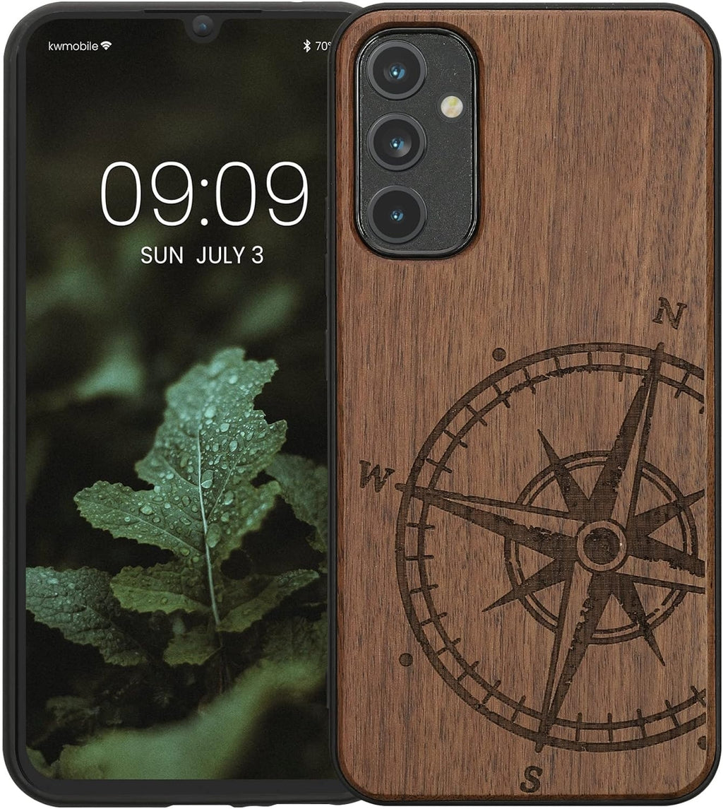 KWmobile Σκληρή Ξύλινη Θήκη με TPU Bumper - Samsung Galaxy A34 - Walnut / Navigational Compass (60813.01)