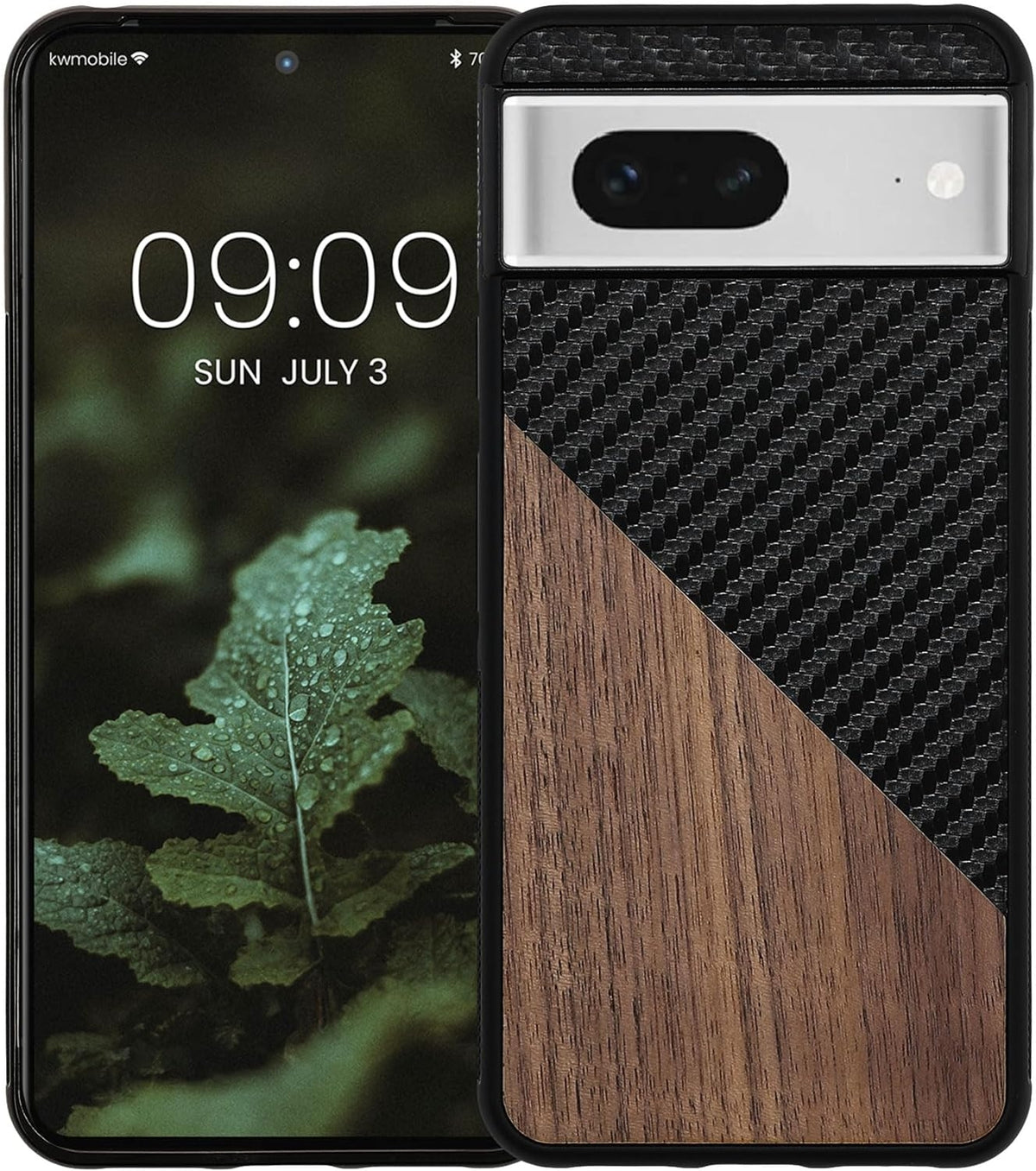 KWmobile Wood and Carbon Fiber - Σκληρή Ξύλινη Θήκη με TPU Bumper και Ανθρακονήματα - Google Pixel 8 - Walnut / Dark Brown / 