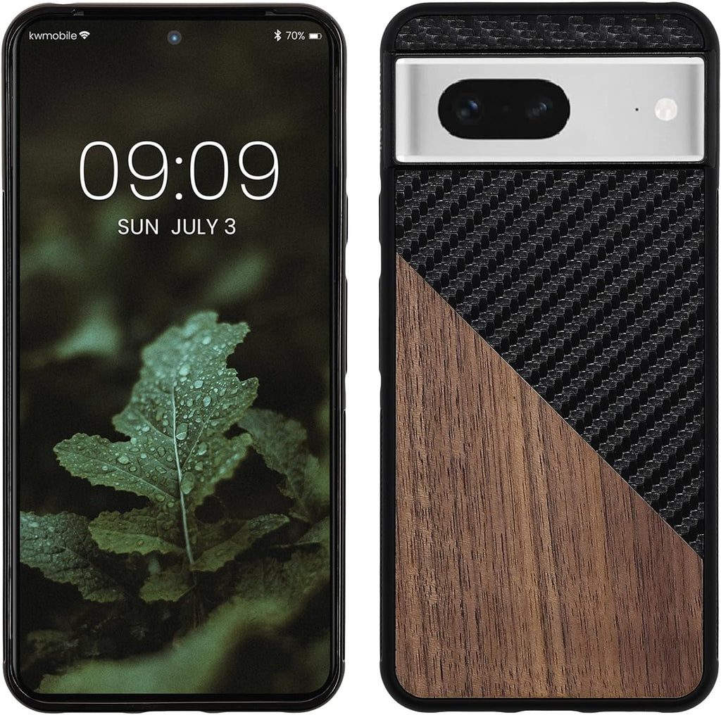 KWmobile Wood and Carbon Fiber - Σκληρή Ξύλινη Θήκη με TPU Bumper και Ανθρακονήματα - Google Pixel 8 - Walnut / Dark Brown / 