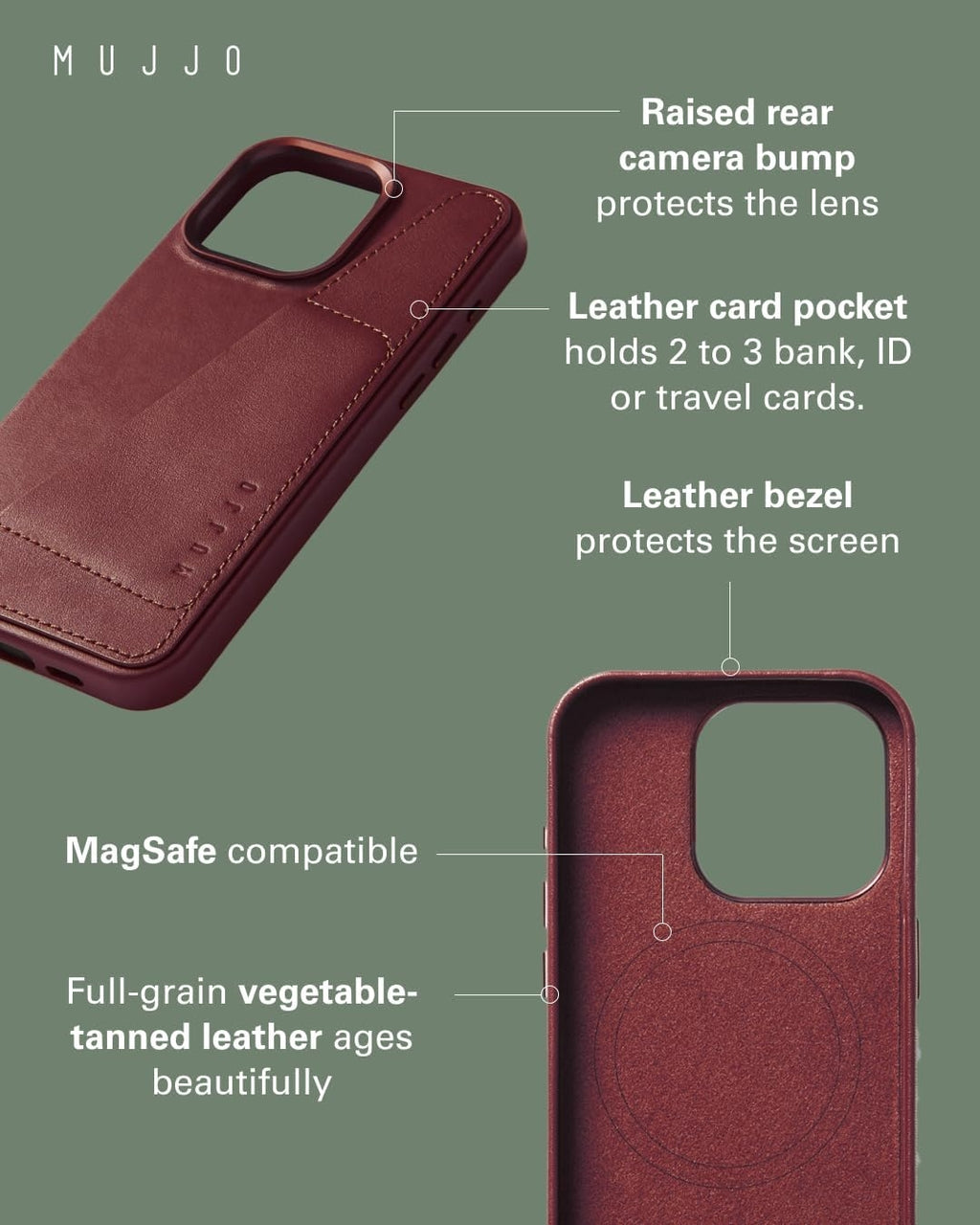 MUJJO Full Leather Wallet Case - Δερμάτινη Θήκη-Πορτοφόλι MagSafe - Apple iPhone 15 Pro Max - Burgundy (MUJJO-CL-042-BN)
