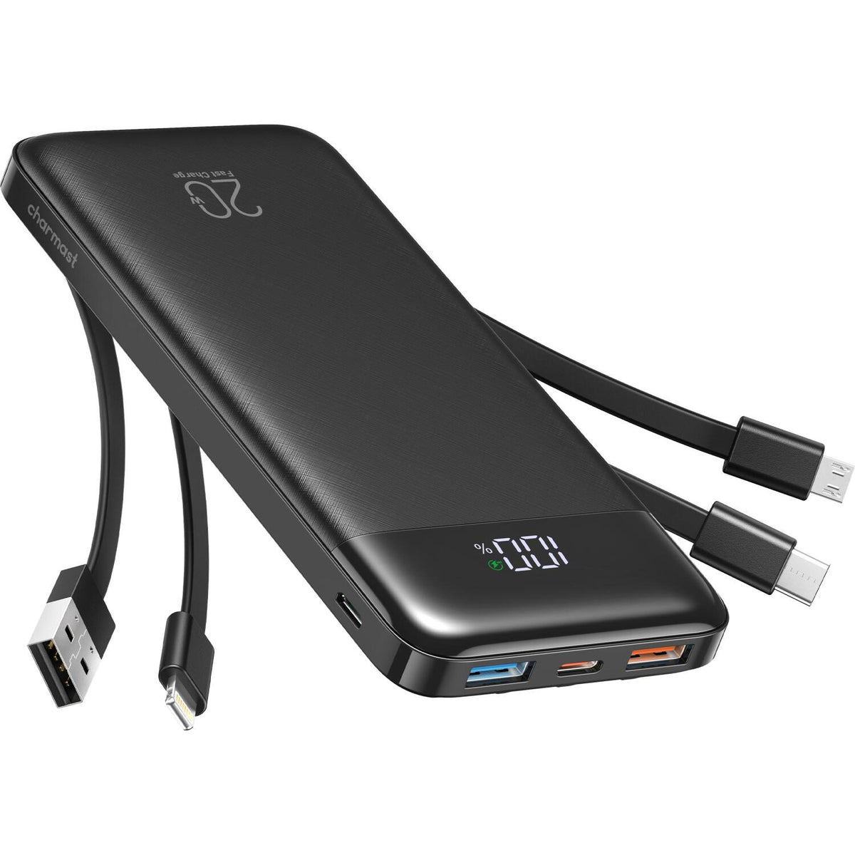 PowerBank Charmast με Θύρες 1 x Type-C / 2 x USB-A & Καλώδια 1 x Type-C / 1 x  Lightning / 1 x MicroUSB 20W 20.000mAh - Black