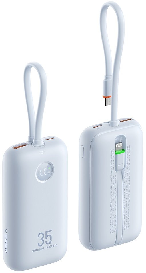 PowerBank Veger K1 με Οθόνη LED & 1 x Θύρα Type-C / 1 x Θύρα USB-A / 1 x Καλώδιο Type-C / 1 x Καλώδιο Lightning 35W 10.000mAh