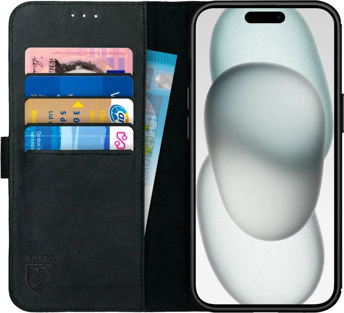 Rosso Deluxe Δερμάτινη Θήκη Πορτοφόλι Apple iPhone 15 Plus - Black (8719246401534)