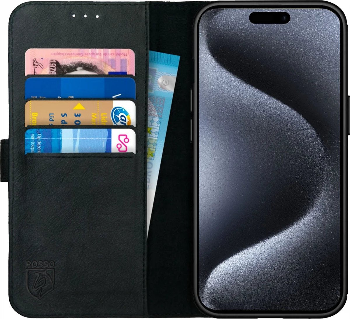 Rosso Deluxe Δερμάτινη Θήκη Πορτοφόλι Apple iPhone 15 Pro - Black (8719246401558)