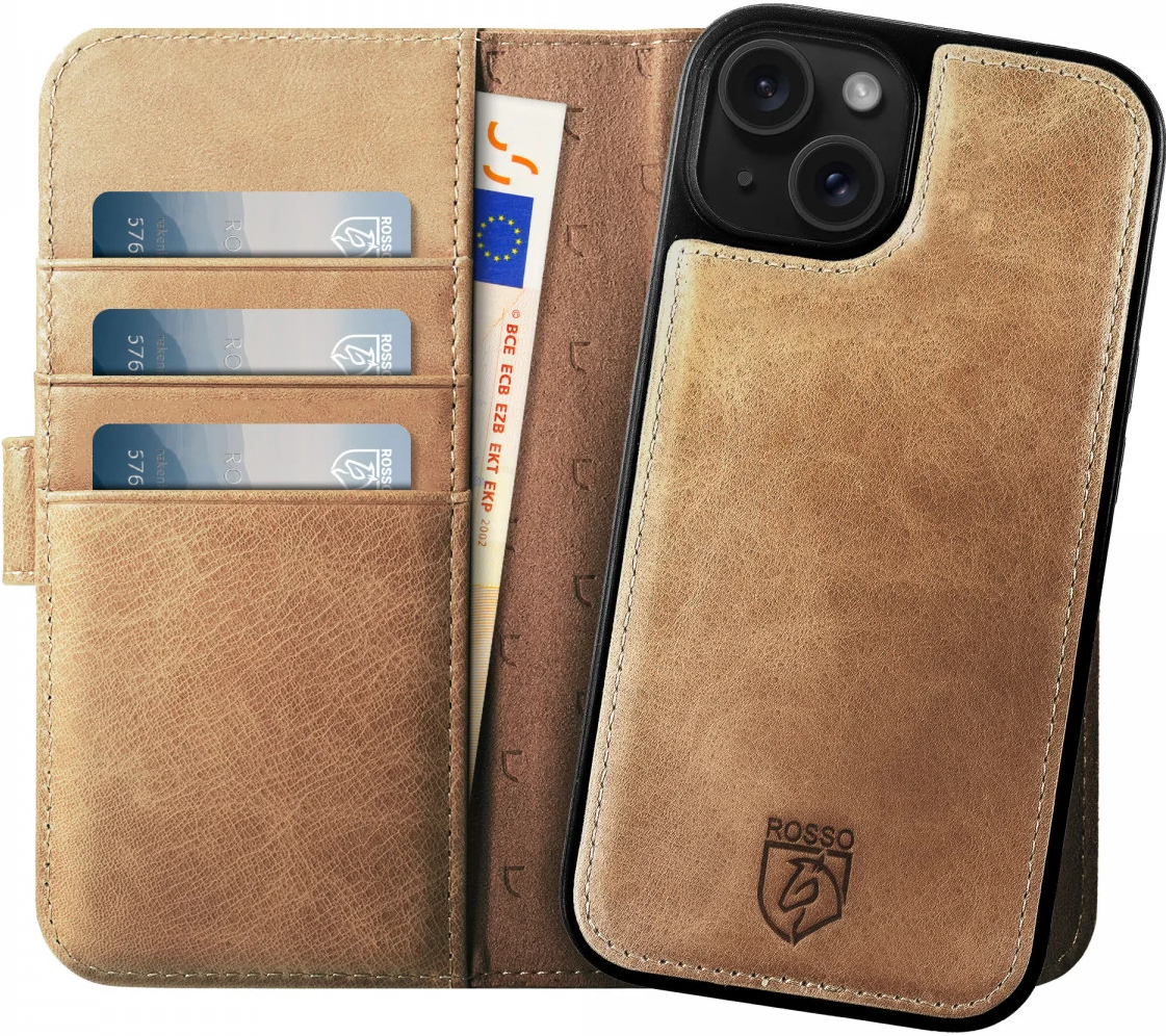 Rosso Elite - MagSafe Δερμάτινη Θήκη / Πορτοφόλι - Apple iPhone 15 Plus - Light Brown (8719246419997)