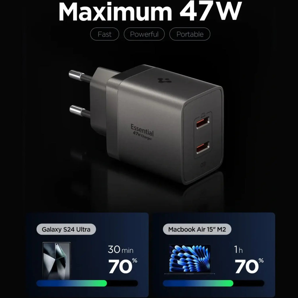 Φορτιστής Spigen EE472EU Essential Wall Charger GaN Γρήγορος Ταξιδιού / Αντάπτορας με 2 x Type-C 47W - Gunmetal