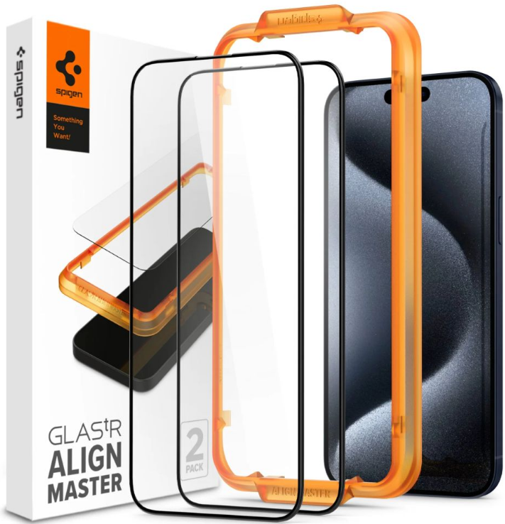 Spigen GLAS.tR ALIGNmaster - Αντιχαρακτικό Fullface Γυάλινο Tempered Glass Apple iPhone 15 Pro - 2 Τεμάχια - Black (AGL06895)