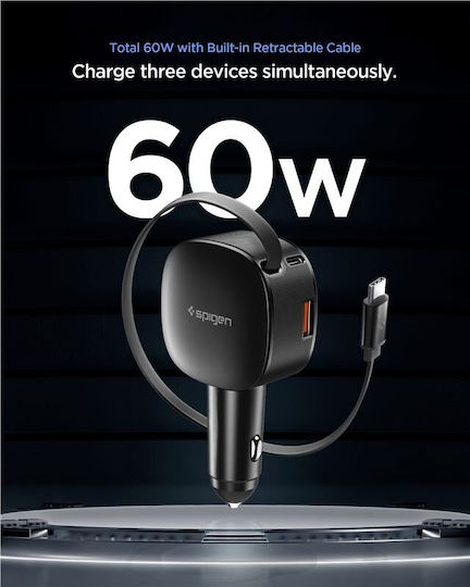 Spigen Essential EV603BT Φορτιστής Αυτοκινήτου 60W 3-in-1 με Αναδιπλούμενο USB-C Καλώδιο Μαύρος