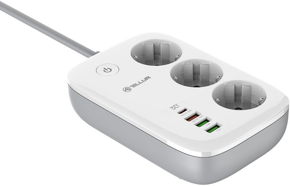 Tellur Wi-Fi Smart Power Strip - Wi-Fi Πολύπριζο με 3 x Υποδοχές Schuko 2500W με Διακόπτη & Καλώδιο 200cm - 3 x USB-A / 1 x T