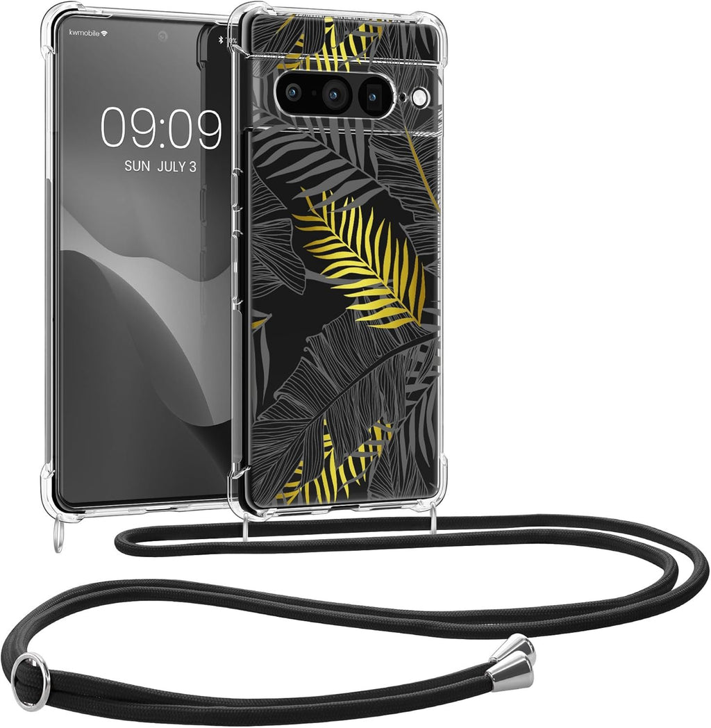 Θήκη Google Pixel 7 Pro KWmobile Crystal TPU Necklace Διάφανη Σιλικόνης με Λουράκι Λαιμού - Palm Leaves / Yellow / Grey / Tra