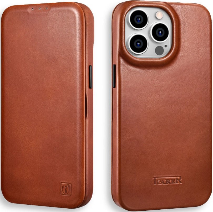 Θήκη iPhone 14 Pro Max iCarer Curved Edge Leather Folio with Magsafe Δερμάτινη Flip με MagSafe - Brown (KJI14220704-BN)
