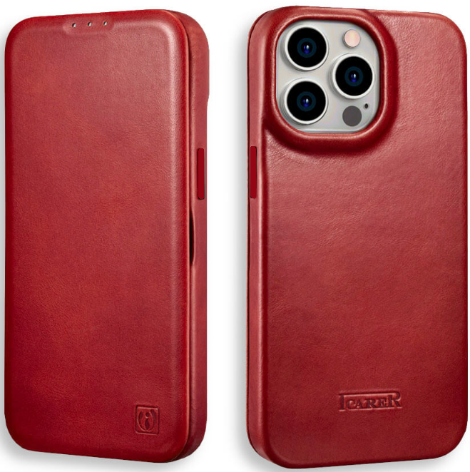 Θήκη iPhone 14 Pro Max iCarer Curved Edge Leather Folio with Magsafe Δερμάτινη Flip με MagSafe - Red (KJI14220704-RD)