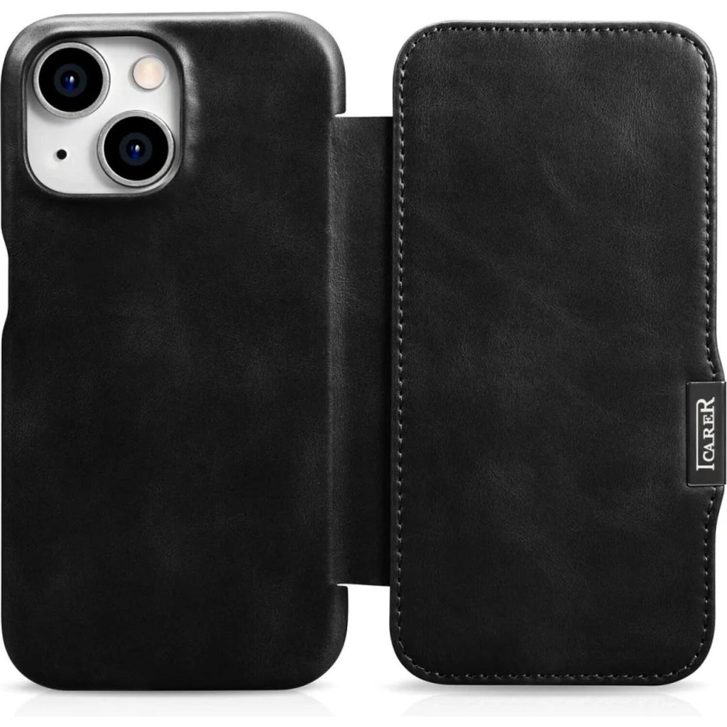 Θήκη iPhone 15 iCarer Vintage Series Side-Open Flip Σκληρή Δερμάτινη με MagSafe - Black (WMI15230613-BK)