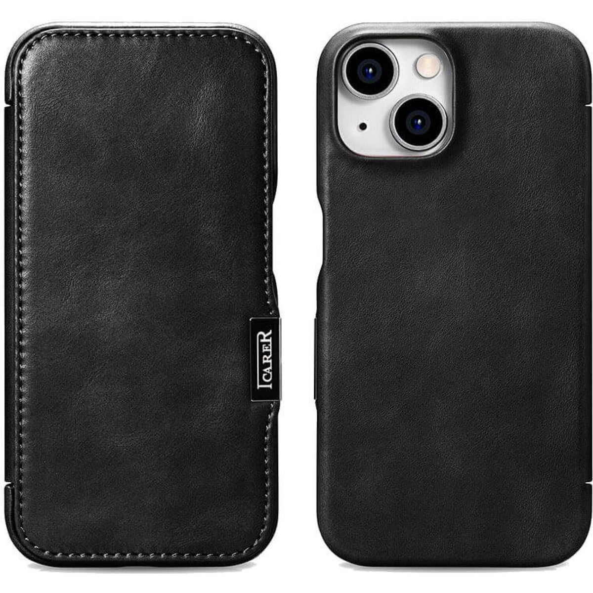 Θήκη iPhone 15 iCarer Vintage Series Side-Open Flip Σκληρή Δερμάτινη με MagSafe - Black (WMI15230613-BK)