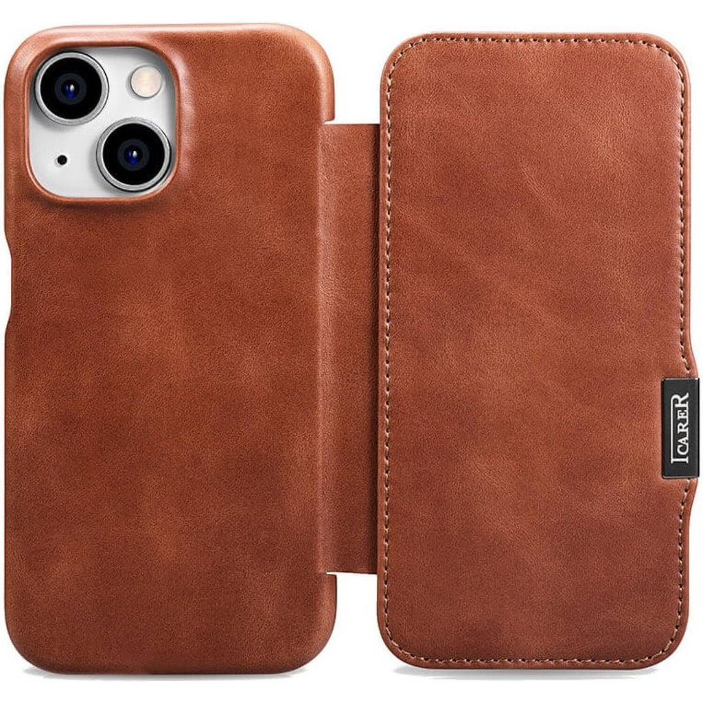 Θήκη iPhone 15 iCarer Vintage Series Side-Open Flip Σκληρή Δερμάτινη με MagSafe - Retro Brown (WMI15230613-SN)