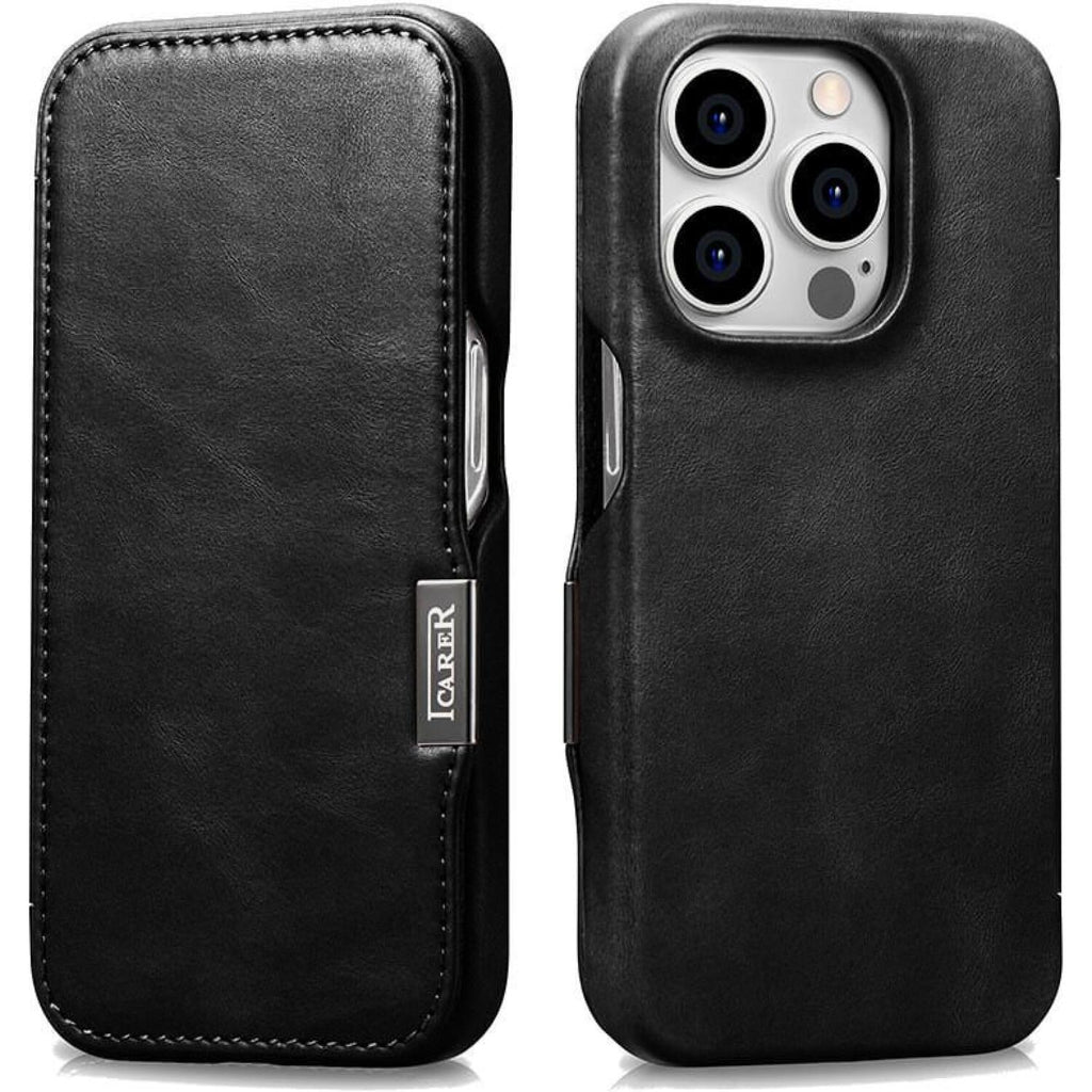 Θήκη iPhone 15 Pro iCarer Vintage Series Side-Open Flip Σκληρή Δερμάτινη με MagSafe - Black (WMI15230614-BK)