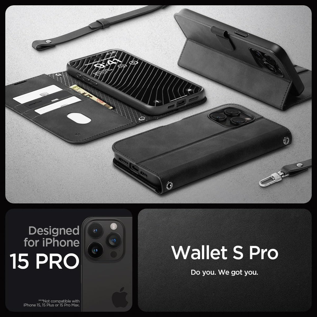 Θήκη iPhone 15 Pro Spigen Wallet S Pro Ανθεκτικό Πορτοφόλι με Αποσπώμενο Λουράκι Χειρός / Λαιμού - Black (ACS06740)