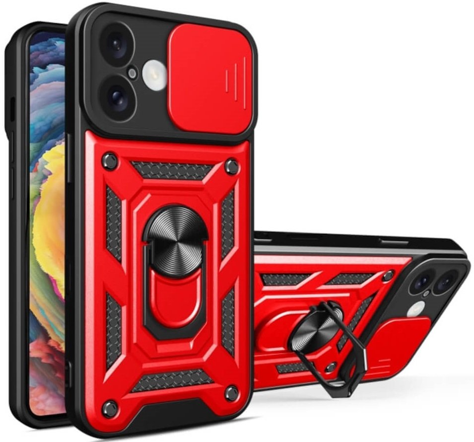 Θήκη iPhone 16 Bodycell Armor Slide Ανθεκτική με Κάλυμμα για την Κάμερα & Μεταλλικό Ring Holder - Red (5206015078927)