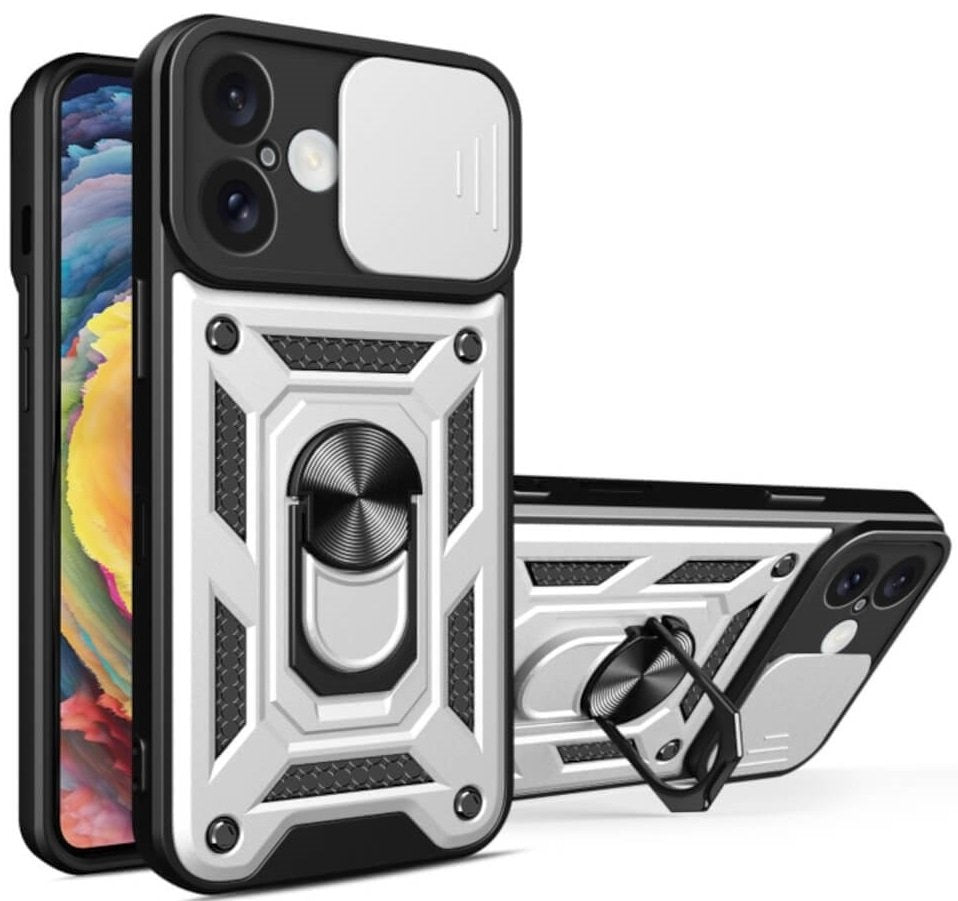 Θήκη iPhone 16 Bodycell Armor Slide Ανθεκτική με Κάλυμμα για την Κάμερα & Μεταλλικό Ring Holder - Silver (5206015078965)