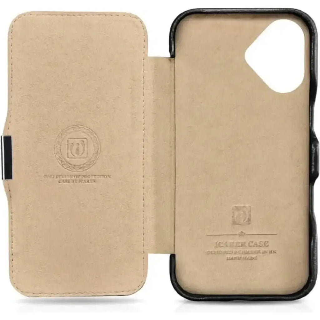 Θήκη iPhone 16 iCarer Vintage Series Side-Open Flip Σκληρή Δερμάτινη με MagSafe - Black (WMI16240713-BK)