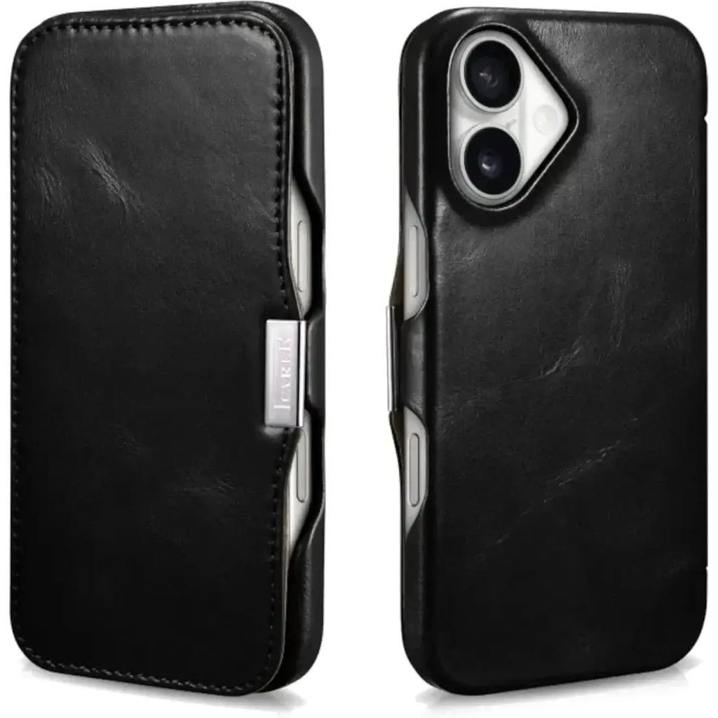 Θήκη iPhone 16 iCarer Vintage Series Side-Open Flip Σκληρή Δερμάτινη με MagSafe - Black (WMI16240713-BK)