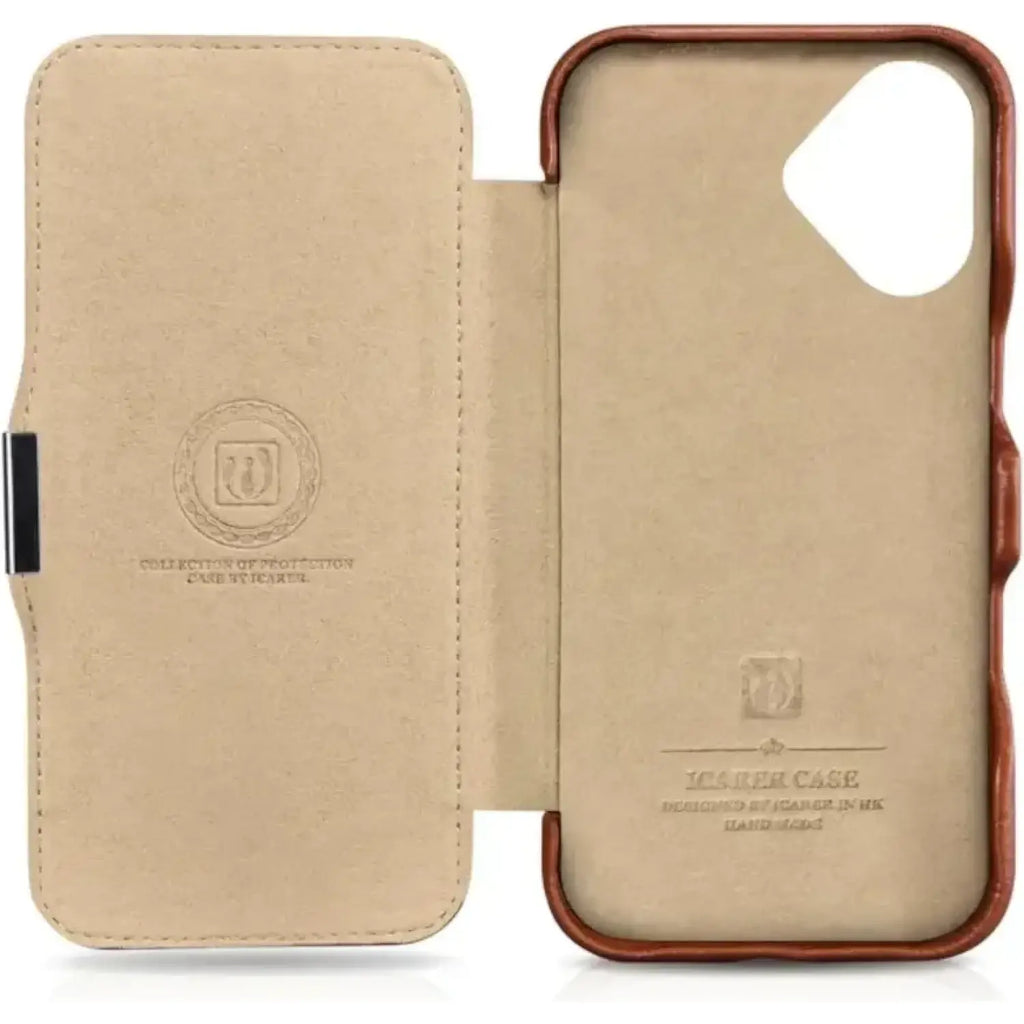 Θήκη iPhone 16 iCarer Vintage Series Side-Open Flip Σκληρή Δερμάτινη με MagSafe - Retro Brown (WMI16240713-SN)