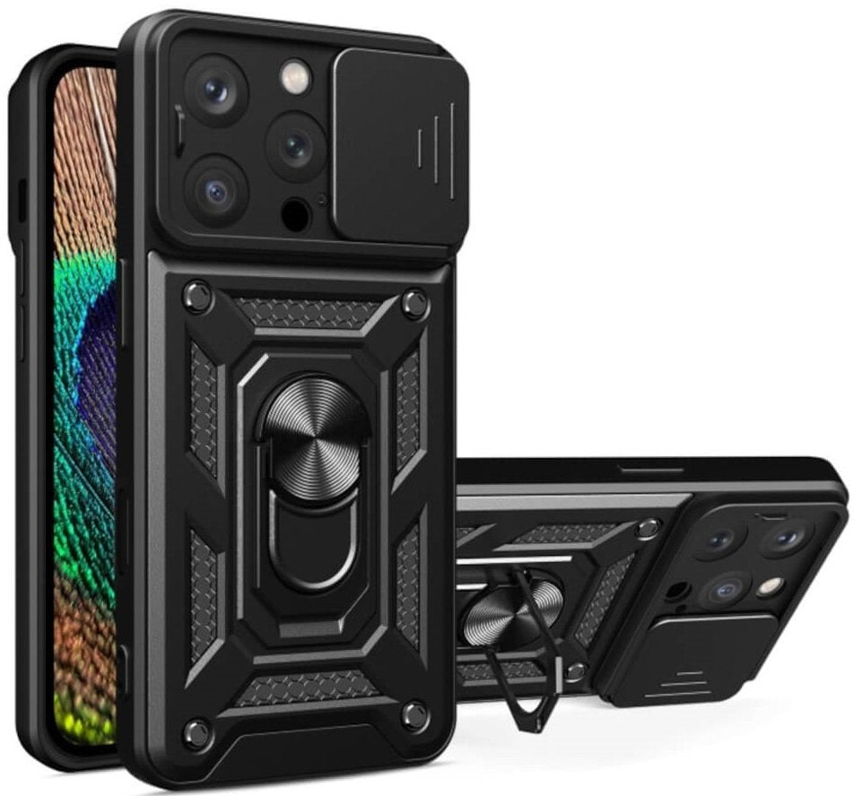 Θήκη iPhone 16 Pro Bodycell Armor Slide Ανθεκτική με Κάλυμμα για την Κάμερα & Μεταλλικό Ring Holder - Black (5206015079061)