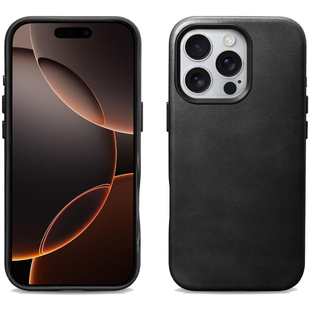 Θήκη iPhone 16 Pro iCarer Leather Back Case With Camera Button Δερμάτινη με MagSafe & Μεταλλικό Πλαίσιο Κάμερας - Black (WMI1