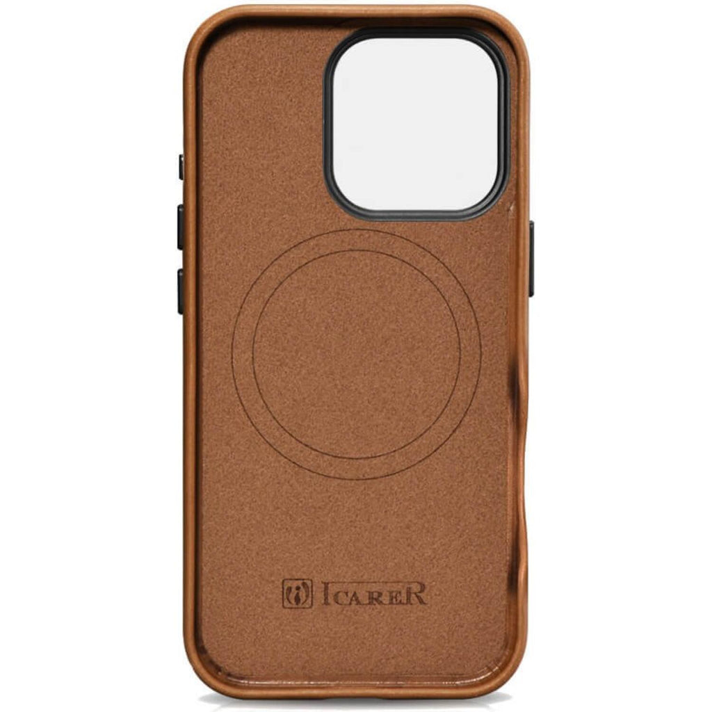 Θήκη iPhone 16 Pro iCarer Leather Back Case With Camera Button Δερμάτινη με MagSafe & Μεταλλικό Πλαίσιο Κάμερας - Camel Tan (
