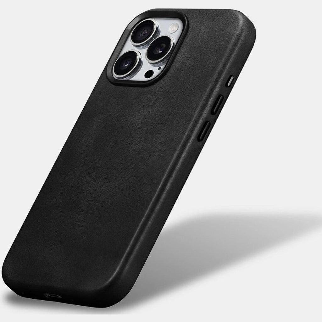 Θήκη iPhone 16 Pro Max iCarer Leather Back Case With Camera Button Δερμάτινη με MagSafe & Μεταλλικό Πλαίσιο Κάμερας - Black (