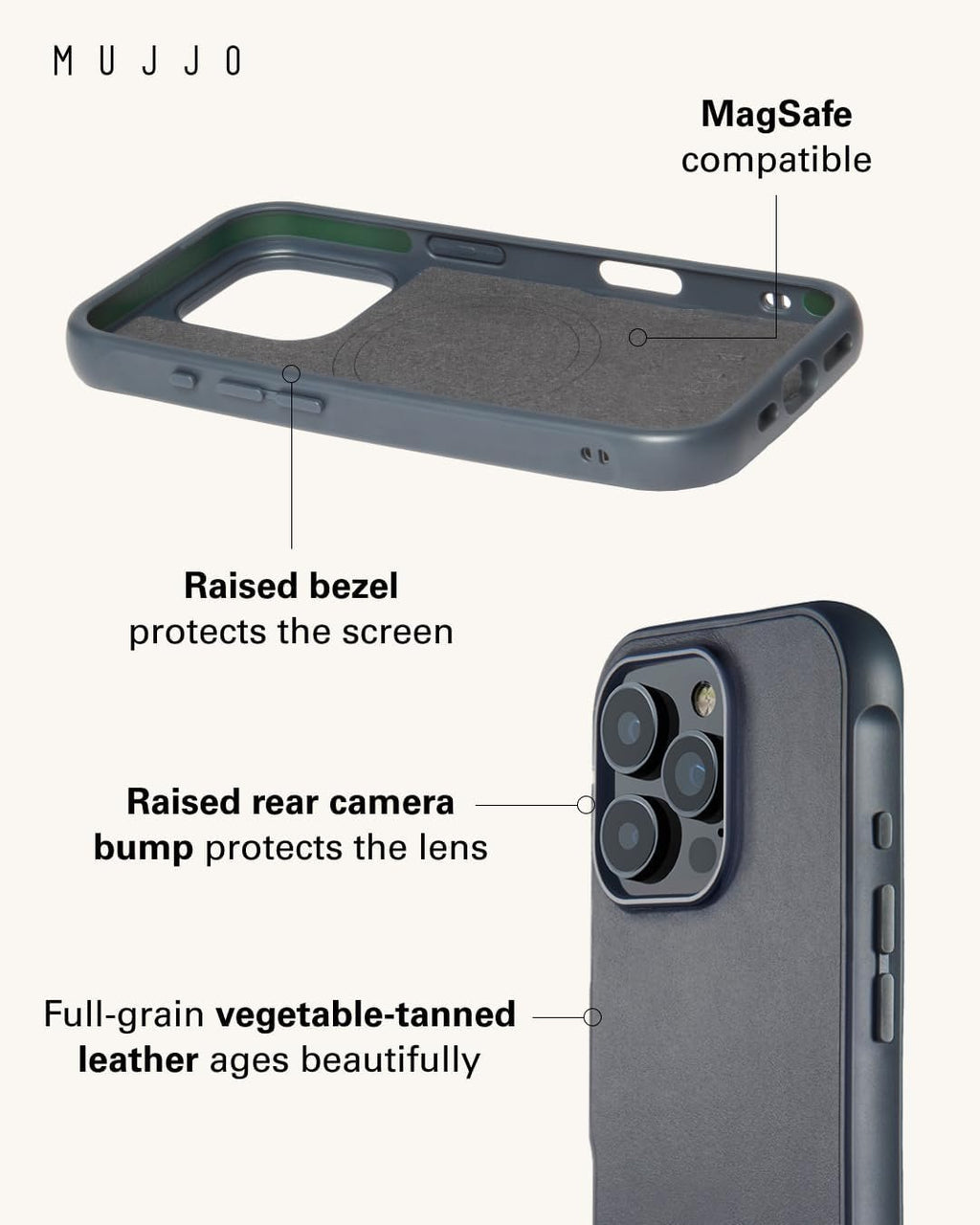 Θήκη iPhone 16 Pro Max MUJJO Shield Case Ανθεκτική Δερμάτινη με MagSafe - Steel Blue (MUJJO-CL-057-SB)