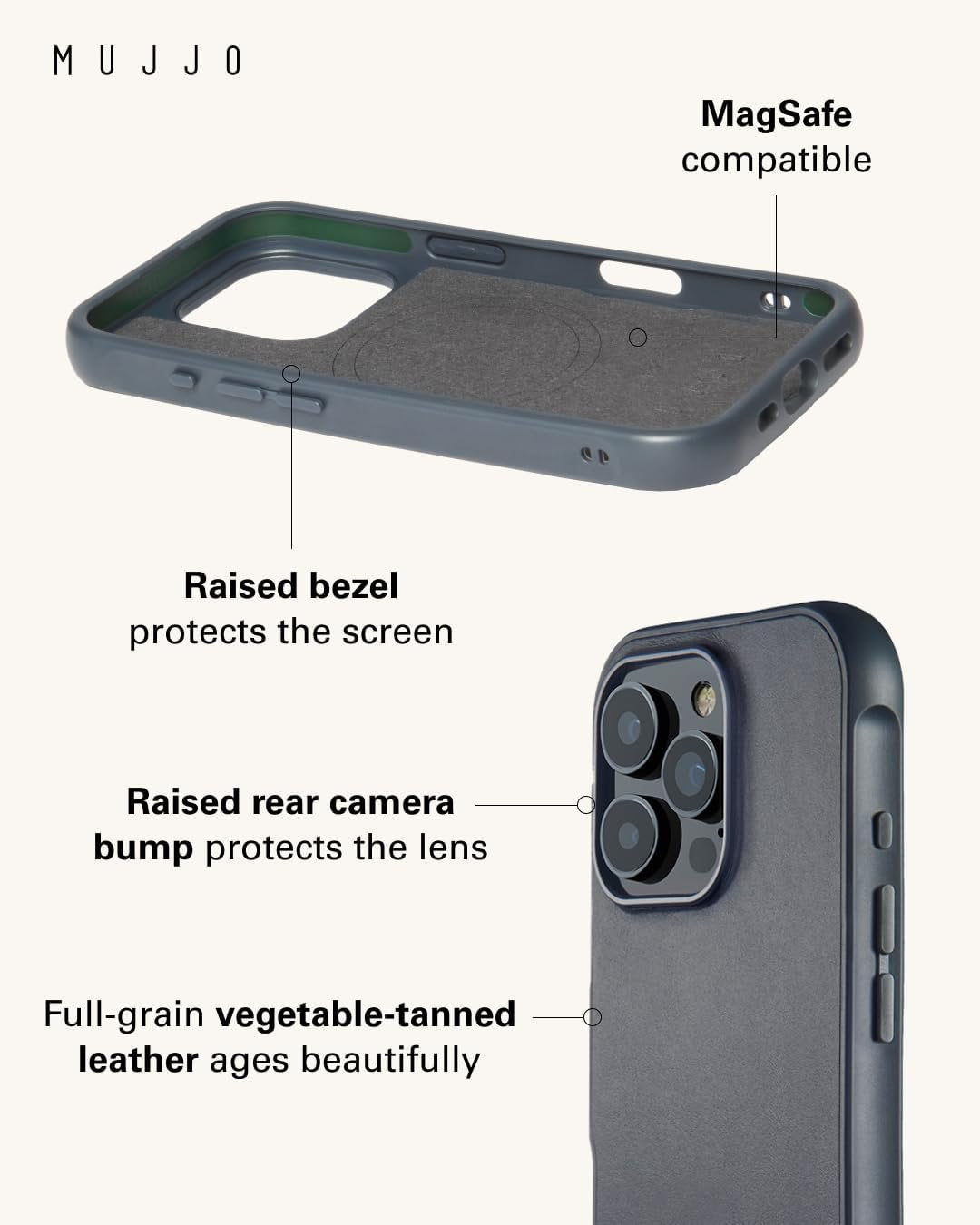 Θήκη iPhone 16 Pro Max MUJJO Shield Case Ανθεκτική Δερμάτινη με MagSafe - Steel Blue (MUJJO-CL-057-SB)