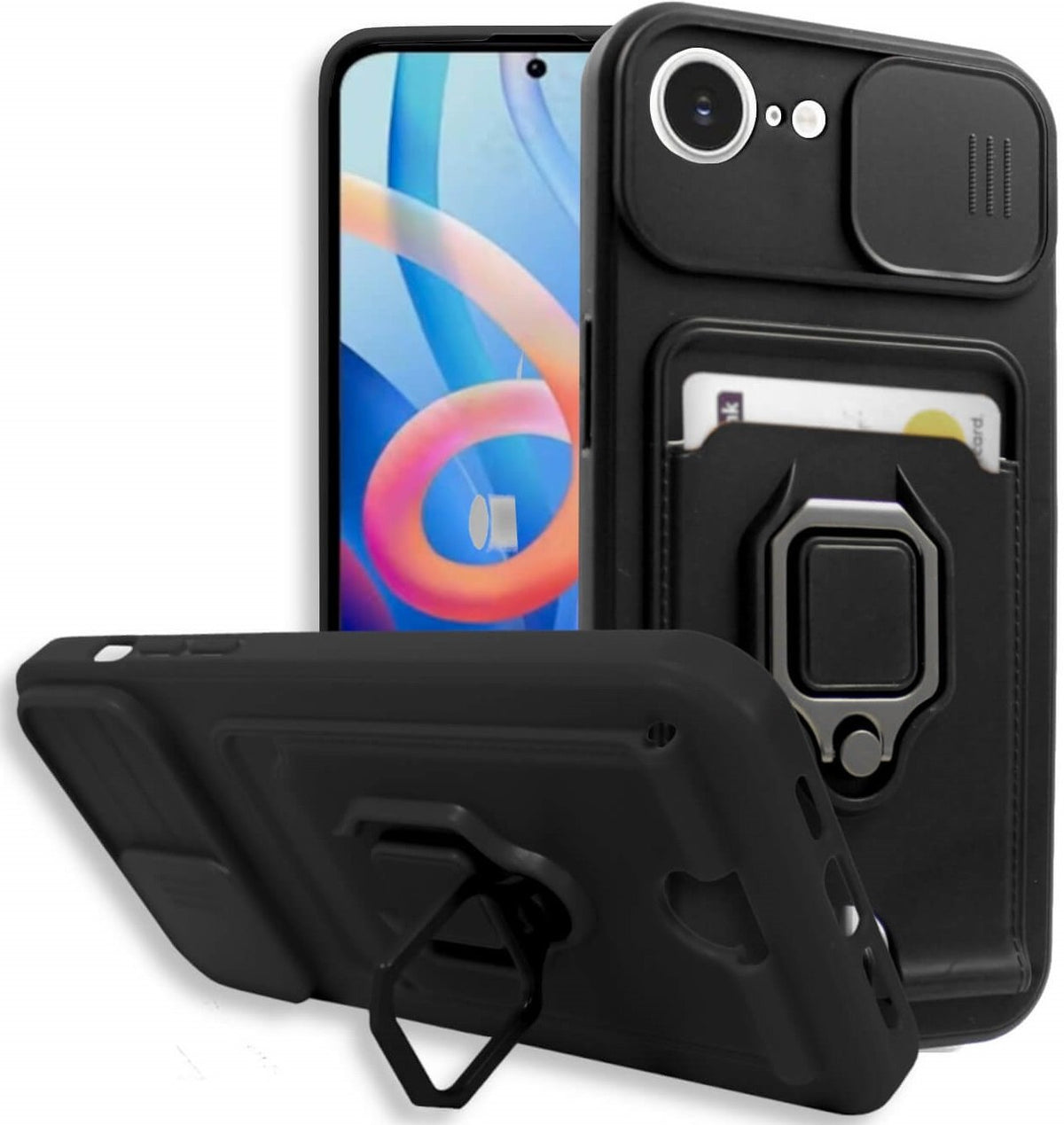 Θήκη iPhone 17e / 16e Bodycell Multifunction με Λουράκι Λαιμού / Κάλυμμα Κάμερας / Ring Holder & Υποδοχή Κάρτας - Black (5206