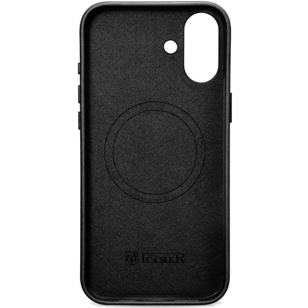 Θήκη iPhone 17 iCarer Leather Back Case With Camera Button Δερμάτινη με MagSafe & Μεταλλικό Πλαίσιο Κάμερας - Black (KJIP1725