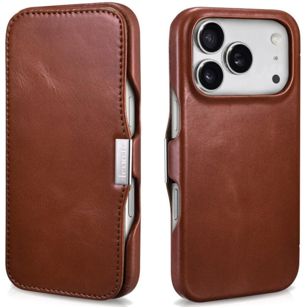 Θήκη iPhone 17 Pro iCarer Vintage Series Side-Open Flip Σκληρή Δερμάτινη με MagSafe - Retro Brown (WMI17250801-SN)
