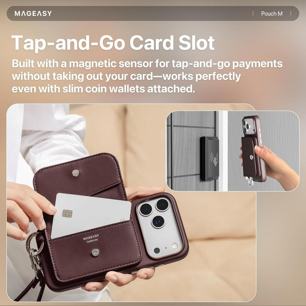 Θήκη iPhone 17 Pro Max MagEasy Pouch M με MagSafe / Αποσπώμενο Πορτοφόλι & Λουράκι Λαιμού - Burgundy (MPH17M264BY25)