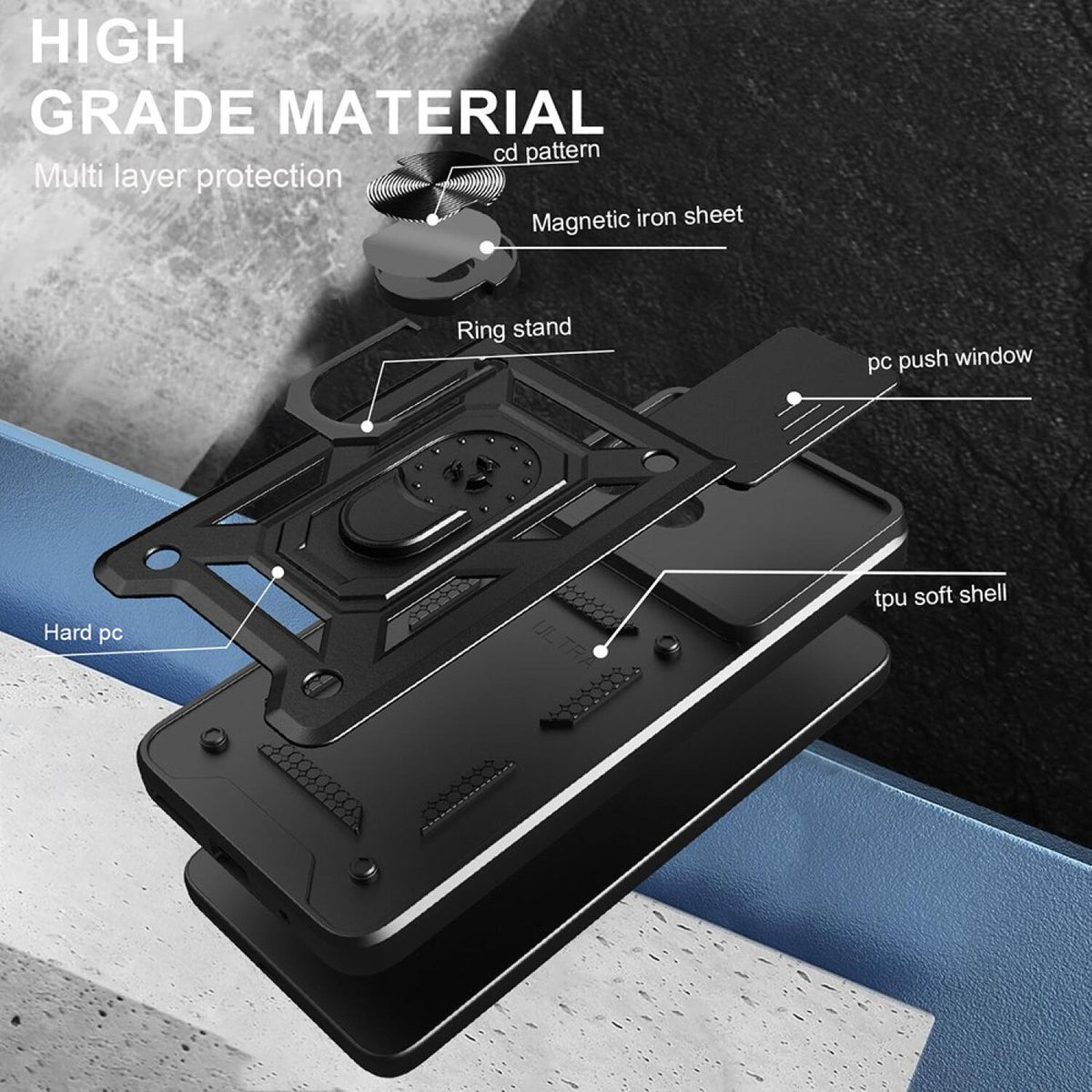 Θήκη Motorola Moto G77 / G67 Techsuit CamShield Ανθεκτική με Κάλυμμα για την Κάμερα & Μεταλλικό Ring Holder - Black (59494193