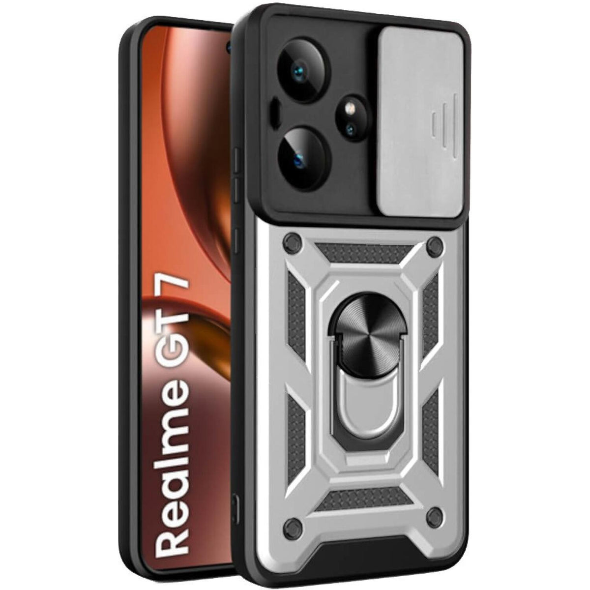 Θήκη Realme GT 7 / GT 7T Bodycell Armor Slide Ανθεκτική με Κάλυμμα για την Κάμερα & Μεταλλικό Ring Holder - Silver (520601508